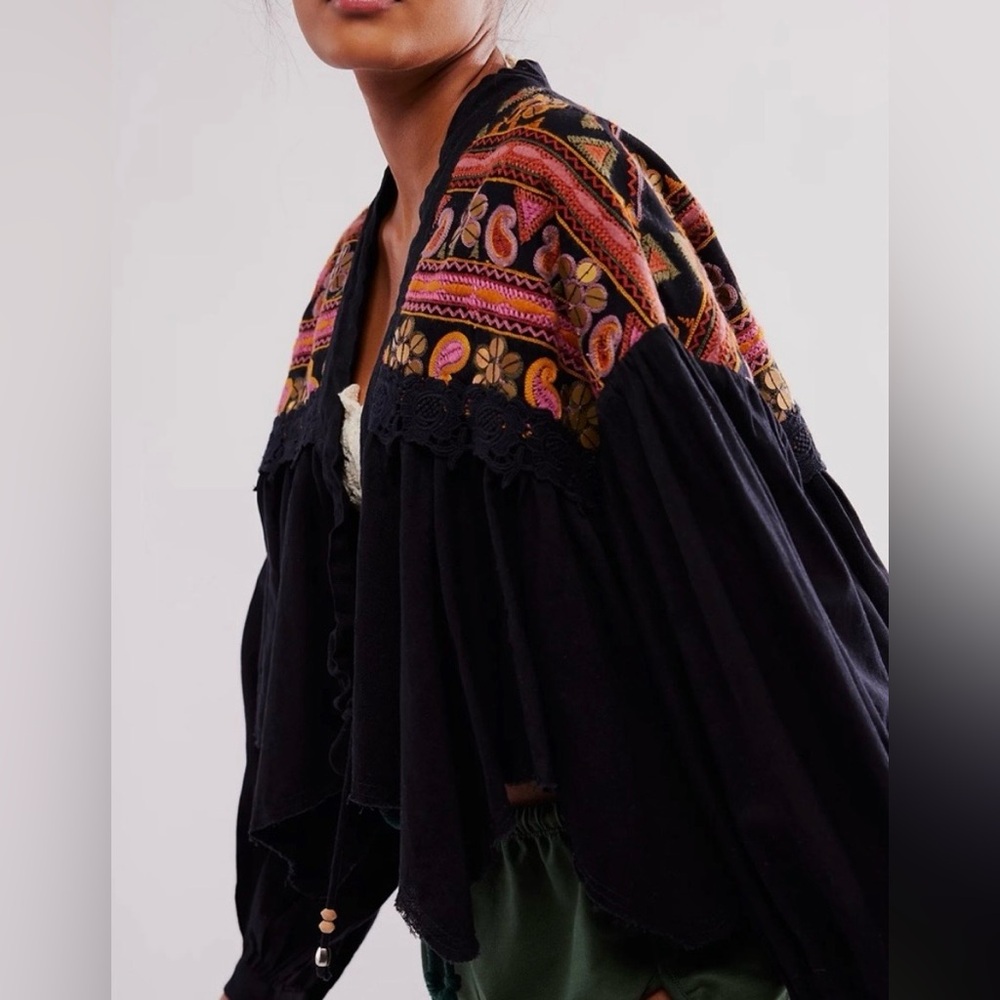 New Free People Bohemian Black and Multicolor Embroidered Oversized Jacket Sz L